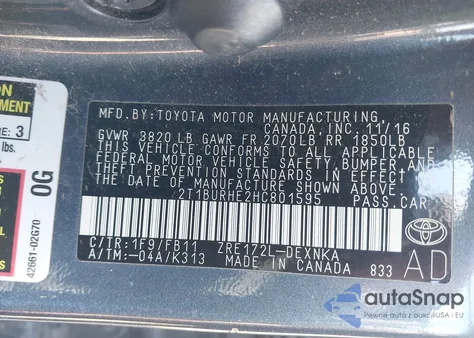 2017 Toyota Corolla Le z USA, uszkodzony, nr VIN 2T1BURHE2HC801595